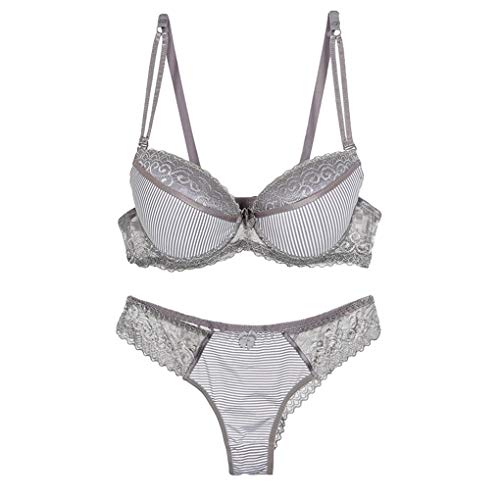 Women Lace Overlays Stripes Push Up Bras and Panty Set Petite Size Underwire Padded Everyday Bras T-Shirt Bras Demi Bras Brassieres for Women Grey Size 38C