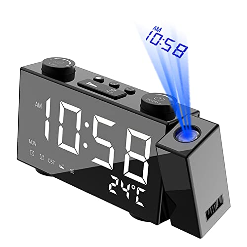 Kavolet Radio-réveil à Projection FM de 6 Pouces, Double Alarme, avec Thermomètre, Horloge de répétition, Réglage du Bouton Rotatif à 180°, Chargement USB, Horloge LED, pour Chambre,Bureau