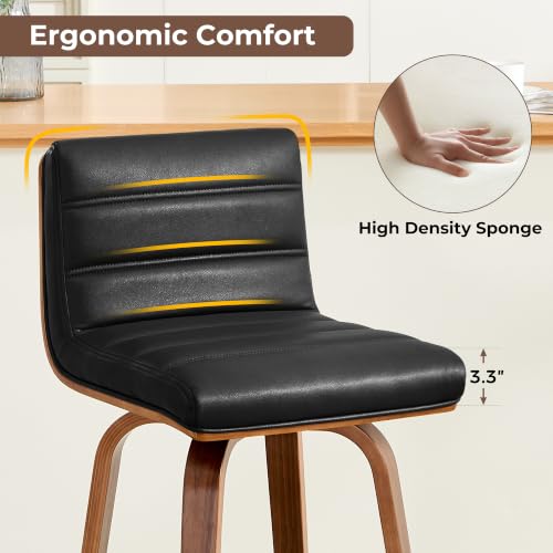 Image of Swivel Bar Stools Set of 5,26 inch Faux Leather Counter Height Barstools with Back,Mid Century Modern Upholstered Bar Chairs with Bentwood Legs Island Stools for Kitchen Counter Black