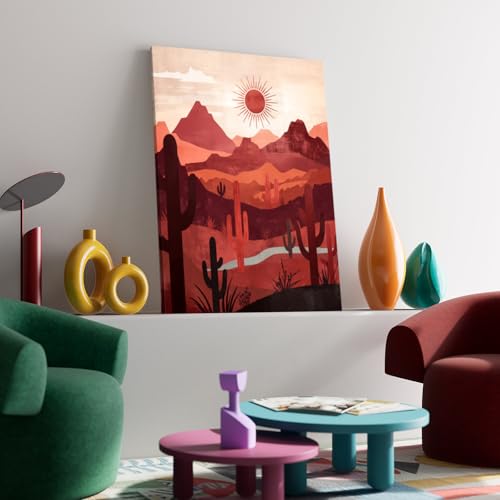 SERIMINO Boho Canvas Wall Art for Living Room, Western Desert Landscape Abstract Wall Art, Tropical Cactus Wall Decor Set of 2, Sun and Moon Art Prints for Dining Room Bedroom, 12 x16 inch