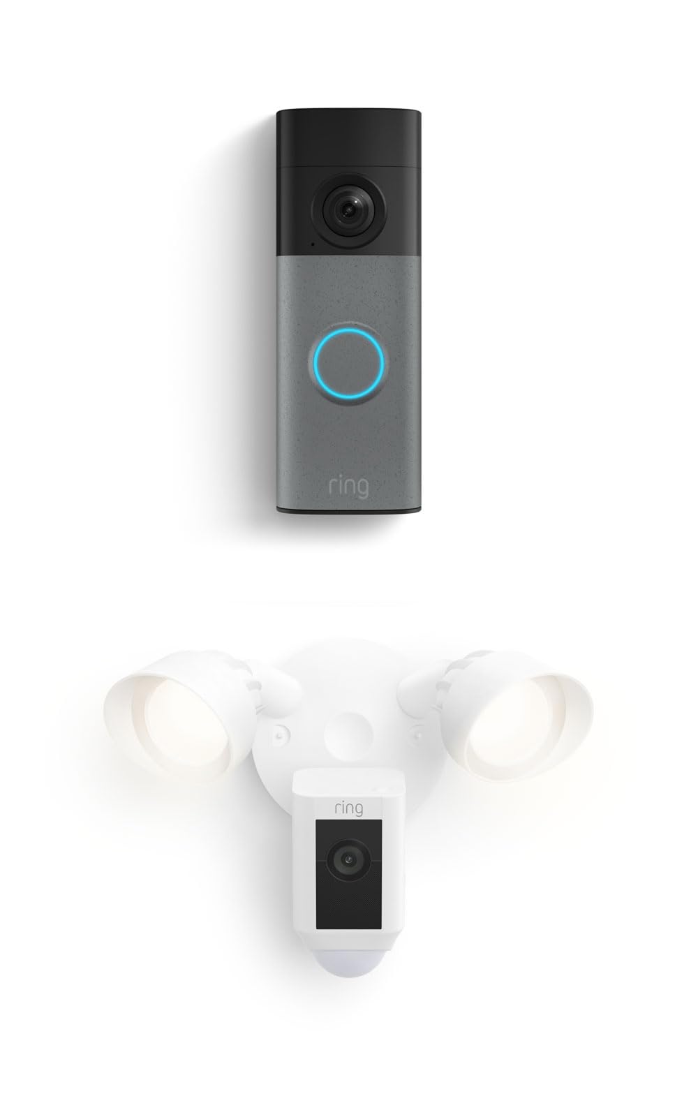 Ring Battery Doorbell (newest model), Speckled Gray with Floodlight Cam Plus, White