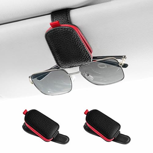 SINGARO Sunglasses Holder for Car, Leather Magnetic Buckle Sun Visor Sunglass Clip, Ticket Card Storage Glasses Clip, Car Interior Accessories for Men and Women（2PCS Black-red）