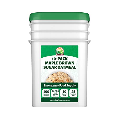 Image of Valley Food Storage Maple Brown Sugar Oatmeal | 10-Bag Bucket, 100 Servings | Premium Emergency Food Supply, 25 Year Shelf Life | Survival Breakfast Food for Prepper Storage & Camping