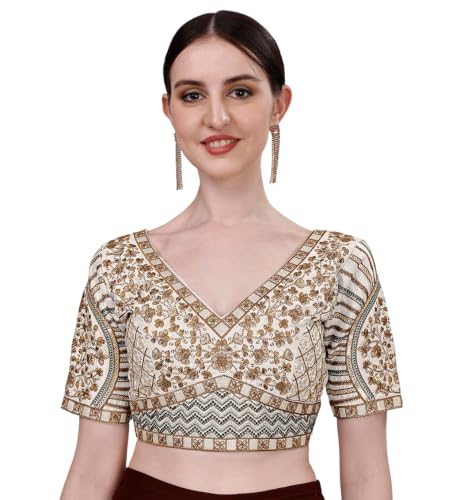 Image of Pujia Mills Mills Women's Fancy Readymade Heavy Coding Embroidary Worked Half Sleeve Multicolor Saree Blouse(Mushroom)