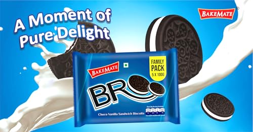 Image of BakeMate BRO Choco Vanilla Sandwich Biscuits Family Pack - Combo Pack of 3 (500g Each) | Vanilla Cream Biscuit | Snack for Kids | Family Pack Sandwich Cream Biscuit | Tea Time Snack | Cookies Packs | Value Pack Biscuits