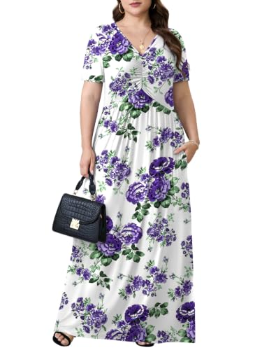 Image of PEVRL Plus Size Summer Maxi Dress for Curvy Women with Pockets 1X-5X | Short Sleeve, Twisted Front V-Neck, Summer Casual A Line Flowy Dress, Empire Waist Floral Print Beach Vacation Long Dress