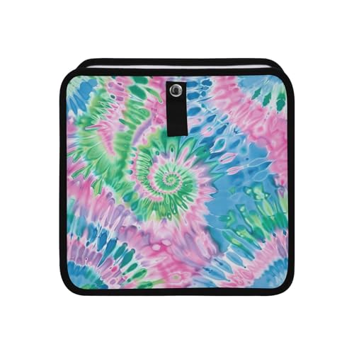 Image of Car Trash Can Organizer Bin with Adjustable Strap for Back Front Seat Console Waterproof Leakproof Collapsible Portable 11 Inch Tie Dye Blue Green Pink