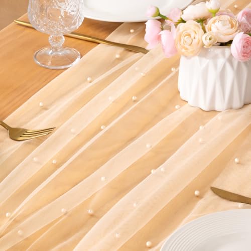 Image of MLMC Champagne Pearl Table Runner Boho Rustic Tulle Table Runner with Pearls 10ft 29 inchx120 inch Cheesecloth Table Decor for Wedding Bridal Shower Anniversary Home Decoration