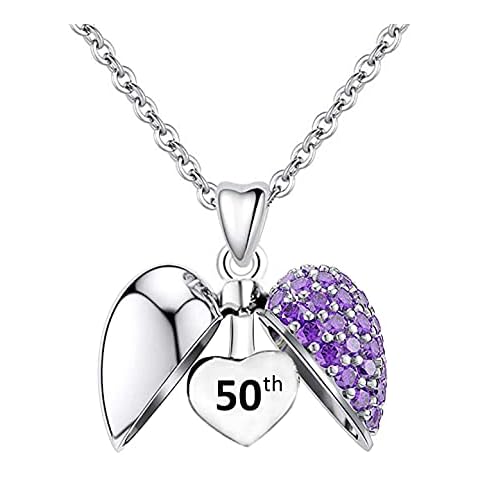 LSDesigns 50th Necklace .925 Sterling Silver Heart with Purple Crystals - 50 Happy Birthday Heart Charm Pendant with 20" Classic Cable Link Chain - Gift Boxed Cover