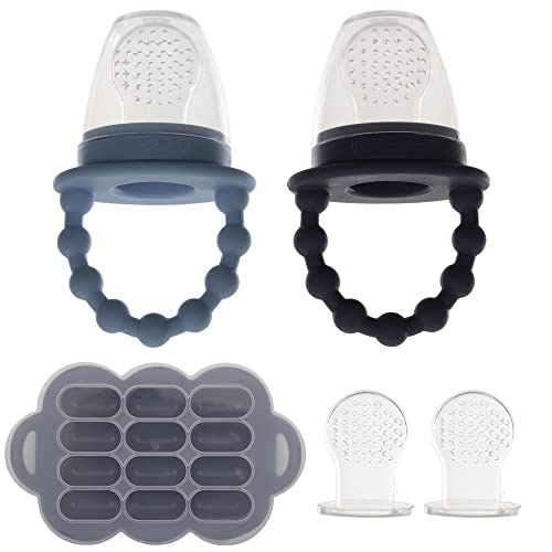 Image of WeeSprout Silicone Baby Food Feeders + Freezer Tray for Batch Prep, Set of 2, Introduce New Foods Safely, Double as Silicone Teething Toys, Includes 2 Extra Food Pouches & Travel Lids, Dishwasher Safe