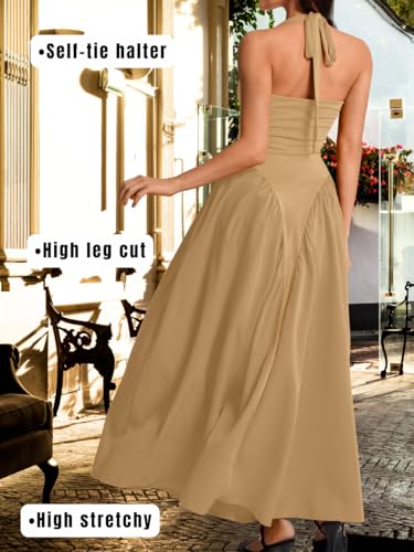 Image of ChiaoLezhee Deep V Neck Dress, Halter Maxi Dresses, Vacation Date Night, Sexy for Women Corset Flowy Wedding Guest Drop Waist