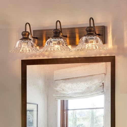 Image of EDISLIVE ORB 3-Light Vintage Vanity Light for Bathroom Bath Wall Light Fixture with Clear Flower Glass Shades 25 inch E26 Antique Wall Sconce for Bedroom Hallway Living Room Vanity Mirror