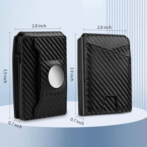 AirTag Wallet for Men,Minimalist Credit Card Clip, RFID Blocking, Pop up Card Cover,Smart Wallet with AirTag Holder, |ID Window|Cash Slot，Carbon Fiber Modern Minimalist Wallet Gift for Men4
