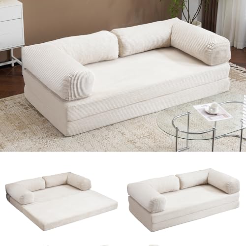 OSLEEP ソファー 完成品 ソファベッド カウチ 2〜3人掛け ソファーベッド 高反発 ローソファ クッション付き コンパク 可愛い モダン 組み立て不要(ベージュ)
