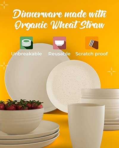 Wheat Straw Dinnerware Set - Cups, Plates And Bowls Sets For 4 With Reusable Cutlery Utensils - Unbreakable Wheatstraw Plastic Dinnerware Set With Fork Spoon Knife - Dishwasher Safe Camping Dishes Set #TOP1