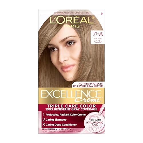 L'Oreal Paris Excellence Crème Permanent Hair Dye, Triple Care Hair Color with Pro-Keratine Complex for 100% Gray Hair Coverage, 7.5A Medium Ash Blonde, 1 Kit