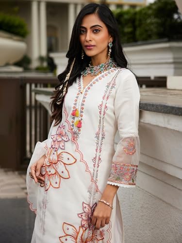 Image of INDO ERA Women's Silk Blend Embroidered Straight Kurta Pant with Dupatta (Ieout6967)