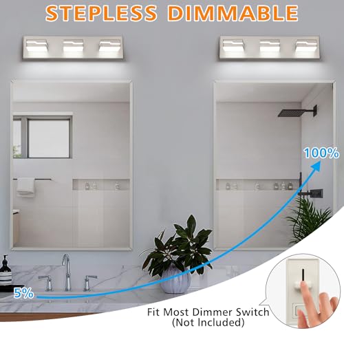 Image of LED Modern Bathroom Vanity Light Fixtures 3-Light, 19 inch Dimmable Nickel Vanity Lights for Bathroom Lighting Fixtures Over Mirror, with 350Rotatable Acrylic Heads(White Light 5500K)