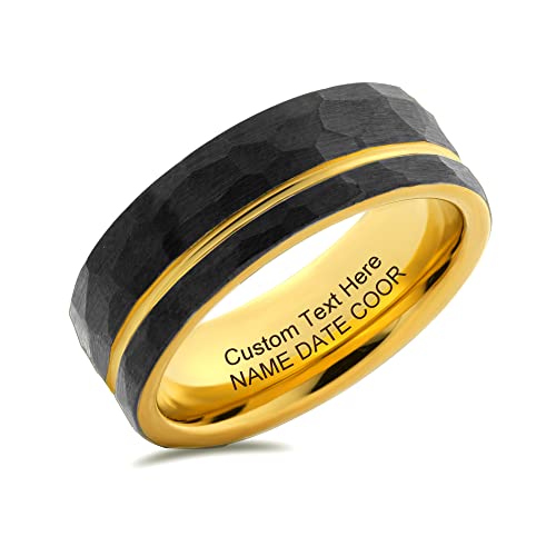 LerchPhi Mens 8mm Black Tungsten Carbide Ring Hammered Finish with Gold Belt Inlayed 18K Gold Plated Inside Free Personalized Engrave Supported Wedding Band