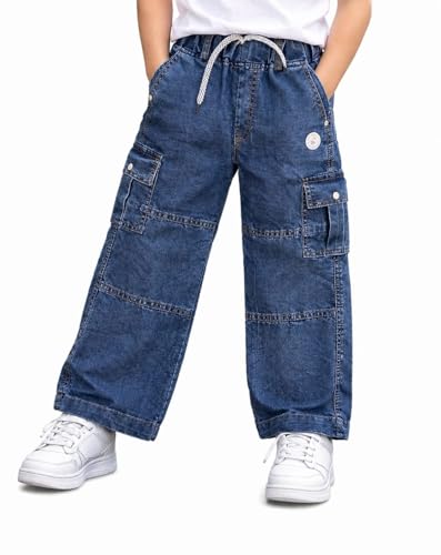Image of Boys Straight Fit Premium Denim Jeans with Elastic Waist & Adjustable Drawstring Soft Wash Beggy Denim Jeans Comfortable Casual Loose Fit