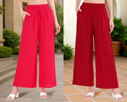 Image of Buy That Trendz Palazzo Pants for Women Cotton Rayon Elasticated Regular Fit Flared Wide Leg M to 6XL Pack of 2