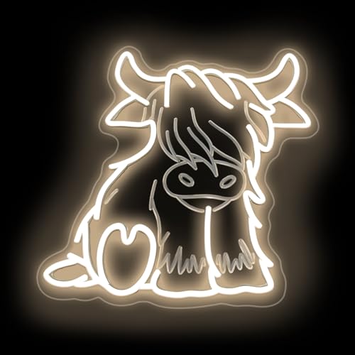 Image of Cute Highland Cow Sitting Neon Sign, Baby Cow Sign, Cute Kid Room Decor, Farmhouse Decor, Gift for Kids, 13 inchx13 inch