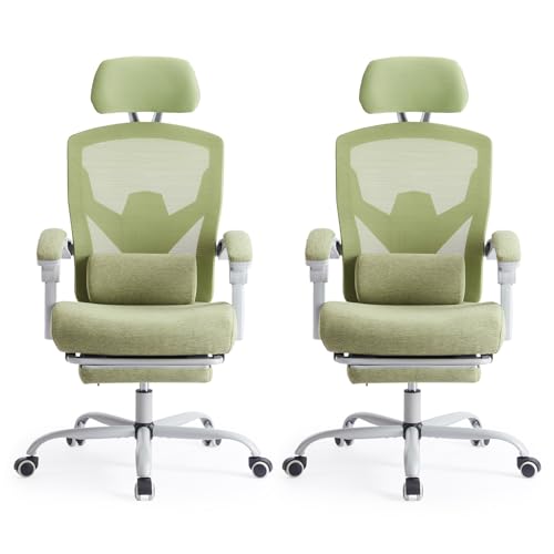 Image of Sweetcrispy Office Computer Desk Chair Set of 2, Ergonomic High-Back Mesh Rolling Work Swivel Chairs with Wheels, Comfortable Lumbar Support, Comfy Arms for Home, Bedroom, Study, Student, Green