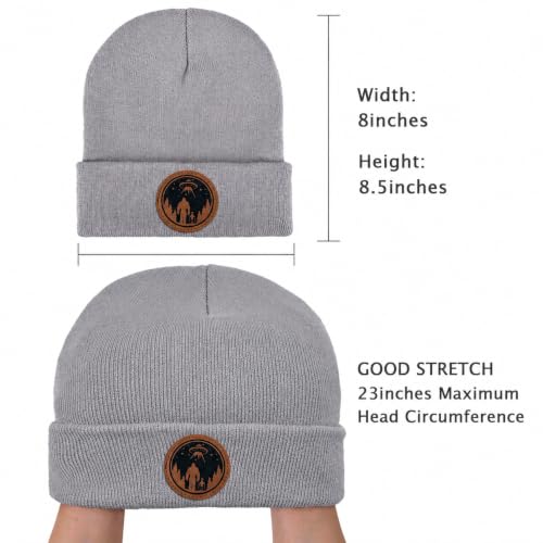 Image of Big Foot Beanie Hat, Sasquatch Leather Patch Winter Knit Skull Cap Bigfoot Gifts for Adult Men Women