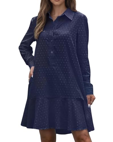 Image of YEXPINE Tunic Mini Dresses for Women Button Down Smocked Short Dresses Long Sleeve Swiss Dot Callahan Shirt Dress, Large