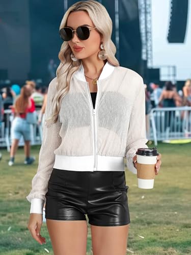 Nlife Women Sheer Mesh Sparkly Crop Bomber Jacket See Thru Glitter Rave Festival Clubwear Night Out Party Concert Outfit