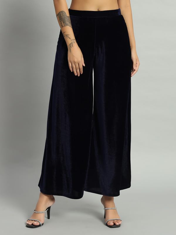 Image of Vaararo Party Trousers for Women | Shiny Velvet Fabric Wide Bottoms Stylish Palazzo Pants