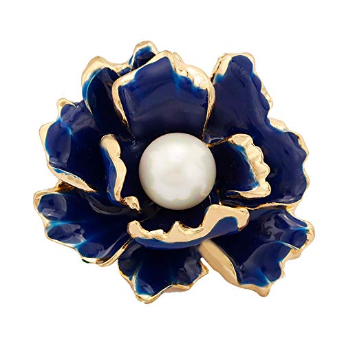 JINYIWEN Red Peony Flower Enamel Brooches for Women Metal Simulated Pearl Elegant Flower Party Banquet Weddings Brooch Gifts Blue