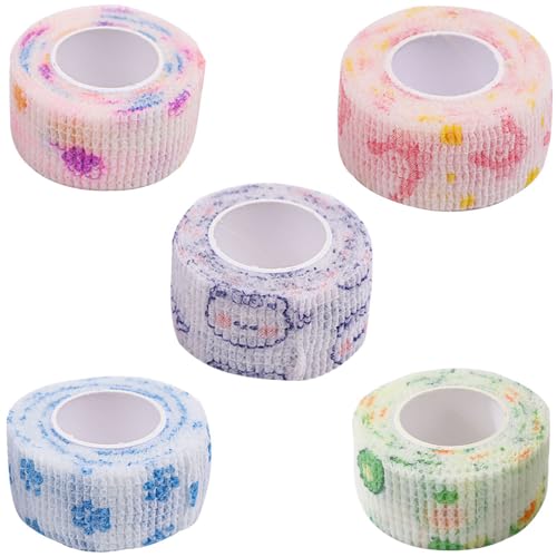 KICWAOL 自己接着伸縮性がある包帯 伸縮性がある包帯 ペット包帯 関節保護 指 手首 足首のため 通気性および伸縮性がある かわいいパターン 5pcs 2.5 cm x 4 m