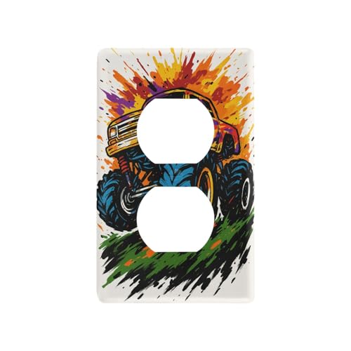 Colorful Monster Truck White Light Switch Cover Decorative Receptacle Outlet Wall Plate Guard Plastic Wall Outlet Cover for Home Decor Room Bedroom Bathroom (Duplex Outlets Cover)