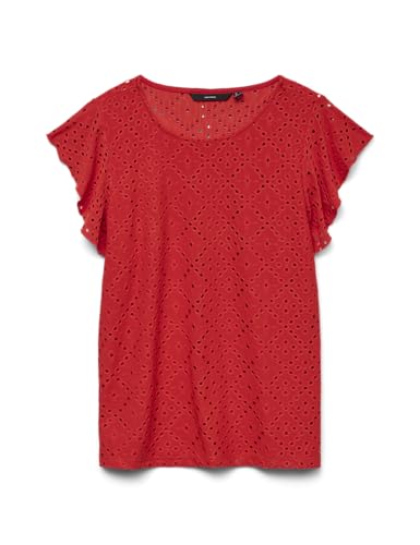 VERO MODA Camisa Blusa de Mujer con Estampado de Agujeros y Mangas Cortas con Alas, Color:Rojo, Talla:XS
