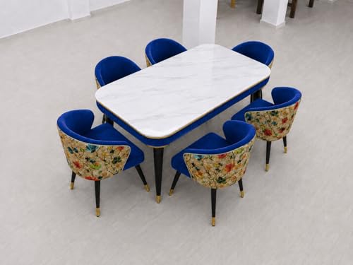 Image of WOODEN SPACE 6-Seater Wooden Dining Table Set | Nano Composite Marble Top | Solid Wood Base | Modern Dining Room Furniture with 6 Chairs (Navy Blue Printed)