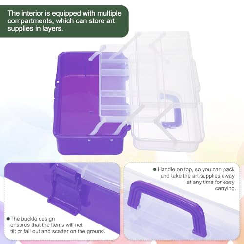 Image of YOKIVE Art Supply Storage Organizer, Art Tool Storage Box 3-Tray Craft Box Art Supplies Organizer with Handle Buckle for Brushes Paints Stamps, Trans Purple