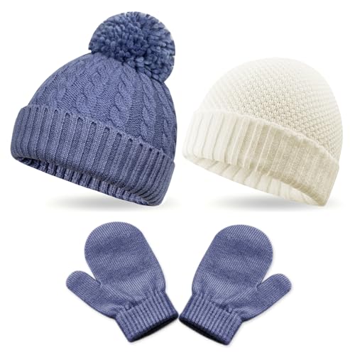 3 Pack Kids Winter Warm Beanie & Mittens Set, Soft Cable Knit Hat For Children's Toddler Baby, Cozy Girls Boys Cap & Gloves Medium Combo C