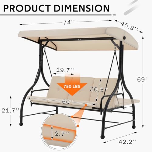 U-MAX Porch Swing Chair with Adjustable Backrest&Canopy, 3 Seat Patio Swing with Canopy 2-in-1 Convertible Outdoor Swing with Canopy Patio Daybed with Removable Beige Cushions for Adults