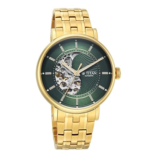 Image of Titan Yin Yang Skeletal Automatic Analog with Green Dial Silver Gold Steel Strap Watch for Men - 90222YM01