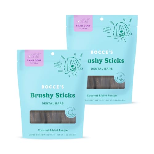 Bocces Bakery Dental Brushy Sticks for Small Dogs Natural Wheat-Free Dental Bars to Support Oral Health & Fresh Breath Made with Real Ingredients Coconut & Mint Recipe (2 Pack Bundle)