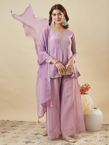 Image of MOKOSH Women's Silk Embroidery Peplum Kurta Sharara with Dupatta | Anarkali Kurta Set | Sweetheart Neck Full Sleeve Ethnic Suit | 3 Piece Outfit | Indian Kurta Outfit With Sharara