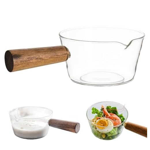 Hbbgdiy Pentola di Latte in Vetro da 600 ml con Manico in Legno e Lancia Una casseruola Resistente al Calore Antiaderente per Pasta per Alimenti per Bambini Pasta cuocera