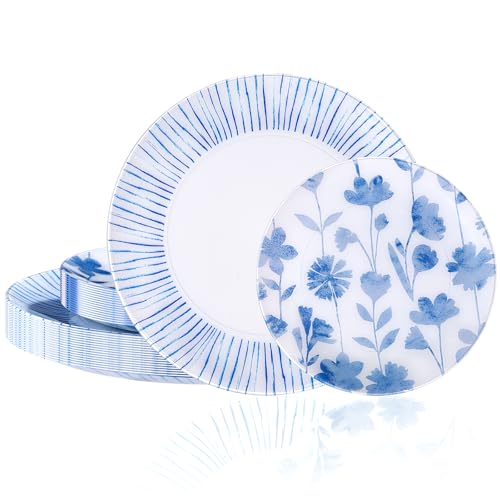 U-QE 20Pcs Blue Plastic Plates - Botanical Stripes Hanukkah Plates Disposable Heavy Duty, Fancy Floral Pattern Perfect for Hanukkah, Tea Parties, Holidays - 10.25 U-QE 20Pcs Blue Plastic Plates - Botanical Stripes Hanukkah Plates Disposable Heavy Duty, Fancy Floral Pattern Perfect for Hanukkah, Tea Parties, Holidays - 10.25