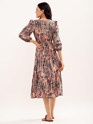 Image of AASK Abstract Printed Puff Sleeve Gathered Detailed Fit Flare Dress