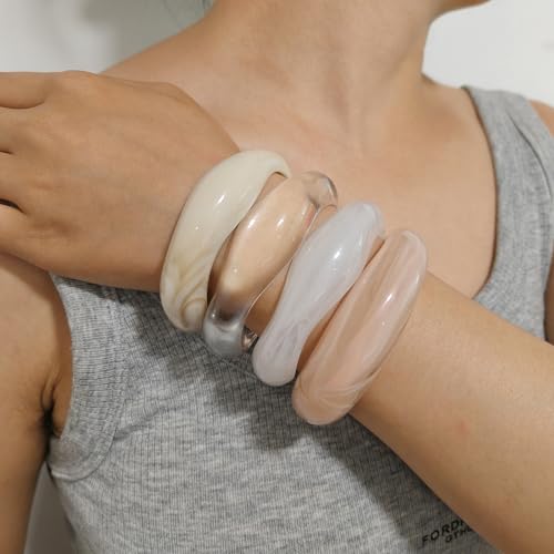 CJIAYUJEW Acrylic Chunky Bangle Bracelets for Women Irregular Geometry Resin Bracelet Set Geometric Brown Cuff Wide Wristband Bracelet colorful Statement Thick Acetate Jewelry Set3