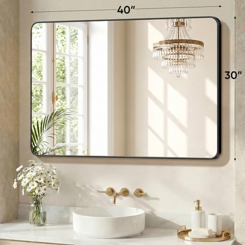 Image of Sweetcrispy Bathroom Mirror for Over Sink, 30x40 Inch Wall Mount Mirror with a Rounded Rectangle and Matte Metal Frame, Modern Wall Vanity Mirrors for Home Decor, Living Room, Bedroom, Black