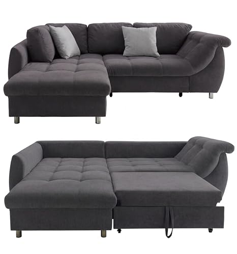 Ecksofa mit Schlaffunktion und Bettkasten B250/T190/H84 cm, Wellenunterfederung und Komfortschaum, Longchair Ottomane links, Bezug Mikrofaser in Anthrazit, 2 Zierkissen Grau / 17006