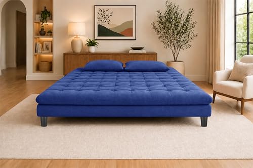 Image of 3-Seater Velvet Sofa Cum Bed, Tufted Convertible Sleeper Couch, Space-Saving Design, Comfortable Cushioned Seating - Blue