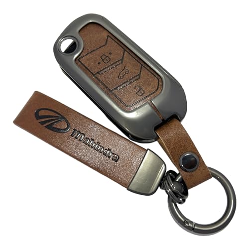 Image of Zinc Metal Alloy Leather Car Key Cover & Case Brown with Keychain & Holder fit for Mahindr.a Scorpio, Bolero, XUV700, XUV300, Thar, TUV300 Plus, XUV400, Marazzo (3 BT Flip Key)